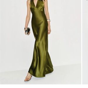 Reformation Olive Satin Maxi Dress